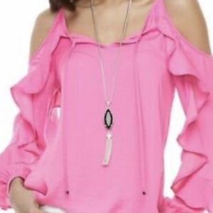 Pink satin cold shoulder ruffle blouse